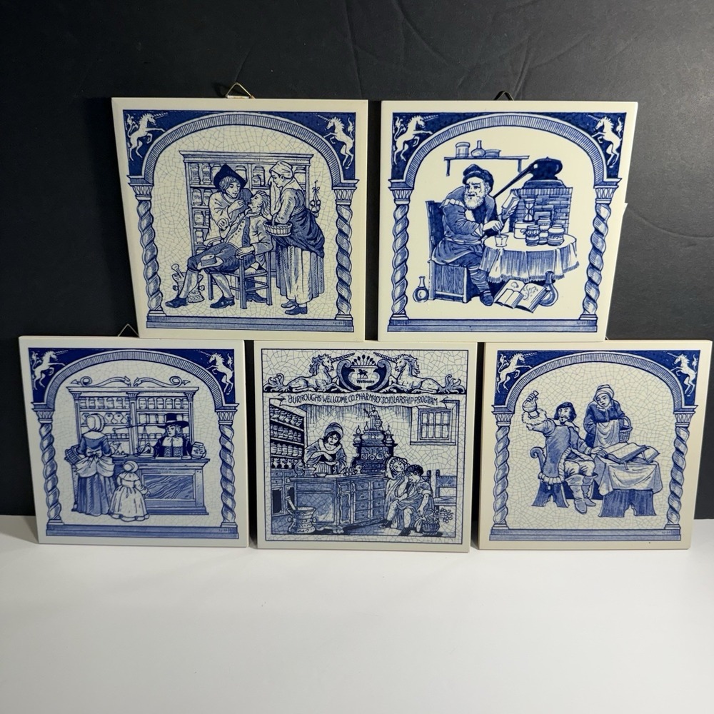 Burroughs Wellcome Delft Holland Pharmacy Tiles Set of 5 Ltd Edition 1986-91